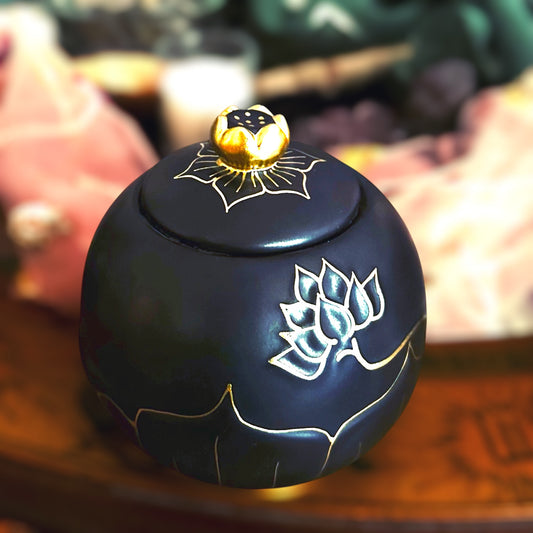 Ceramic Black and Gold Lotus Urn, Small Funeral Cremation Urn for Holding Ashes of Your Loved One Or Pet