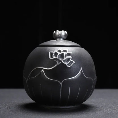 Ceramic Black and Gold Lotus Urn, Small Funeral Cremation Urn for Holding Ashes of Your Loved One Or Pet