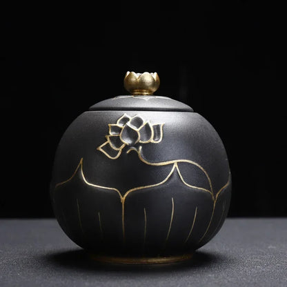 Ceramic Black and Gold Lotus Urn, Small Funeral Cremation Urn for Holding Ashes of Your Loved One Or Pet