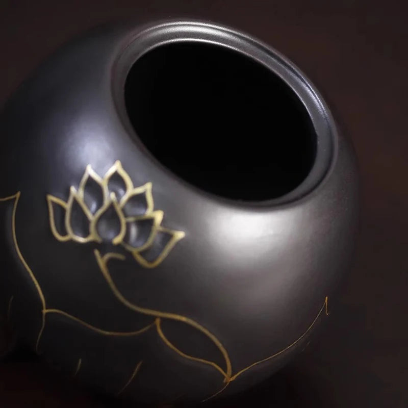 Ceramic Black and Gold Lotus Urn, Small Funeral Cremation Urn for Holding Ashes of Your Loved One Or Pet