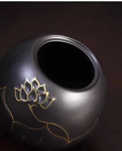 Ceramic Black and Gold Lotus Urn, Small Funeral Cremation Urn for Holding Ashes of Your Loved One Or Pet